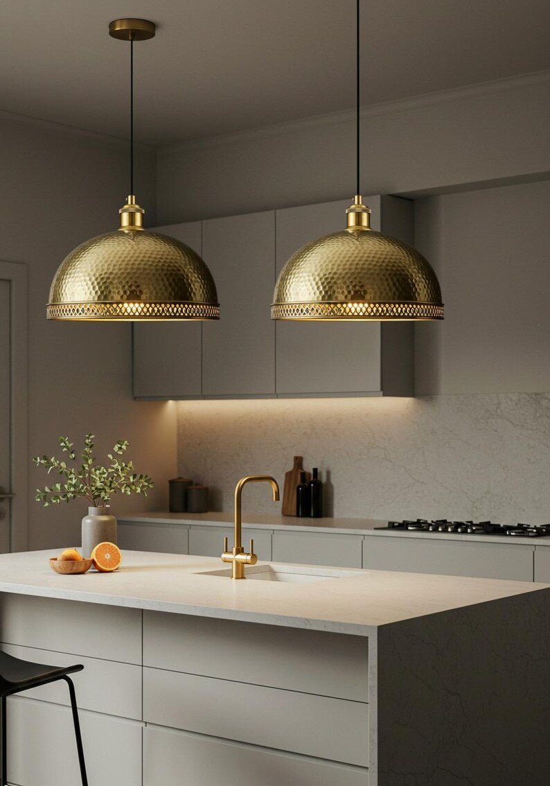 products-MoroccanStyleHangingLamp4 Set of 2 Hammered Brass Dome Pendant Lights