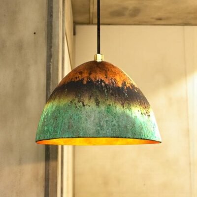 Handmade Green Patina Copper Pendant Light: Hammered Rustic Kitchen Lighting