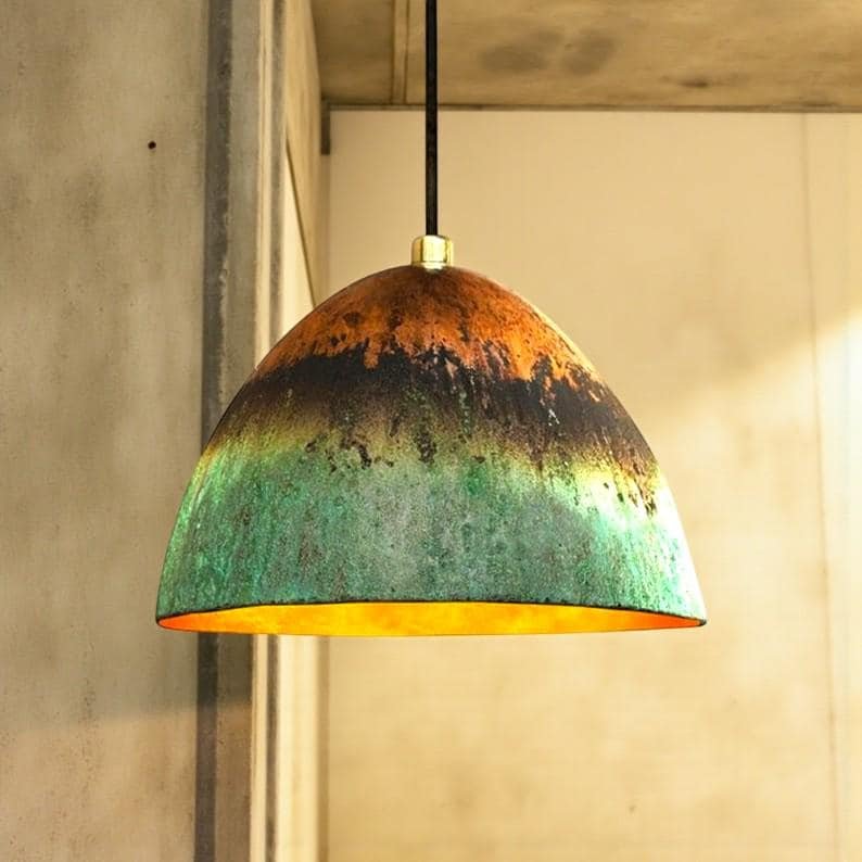 Handmade Green Patina Copper Pendant Light: Hammered Rustic Kitchen Lighting