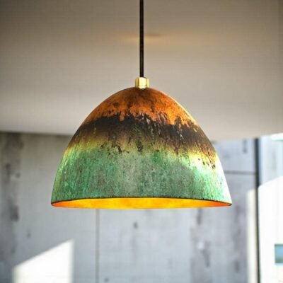 Handmade Green Patina Copper Pendant Light: Hammered Rustic Kitchen Lighting