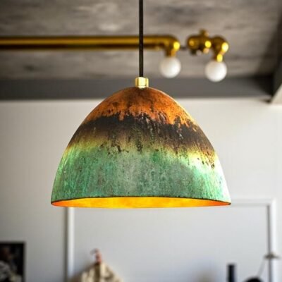 Handmade Green Patina Copper Pendant Light: Hammered Rustic Kitchen Lighting
