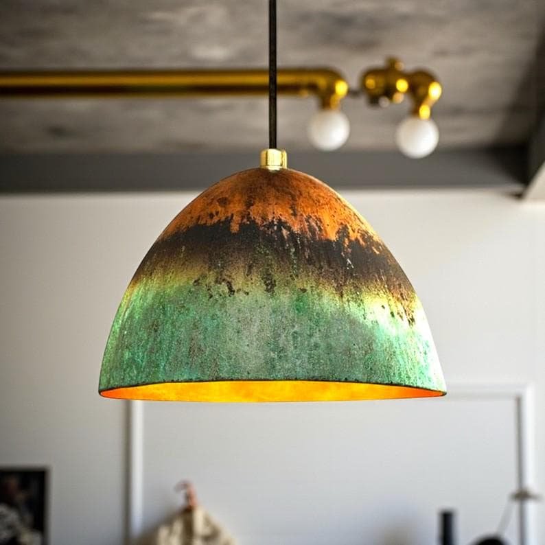 Handmade Green Patina Copper Pendant Light: Hammered Rustic Kitchen Lighting