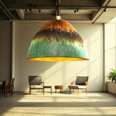 Handmade Green Patina Copper Pendant Light: Hammered Rustic Kitchen Lighting