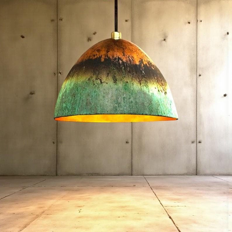 Handmade Green Patina Copper Pendant Light: Hammered Rustic Kitchen Lighting