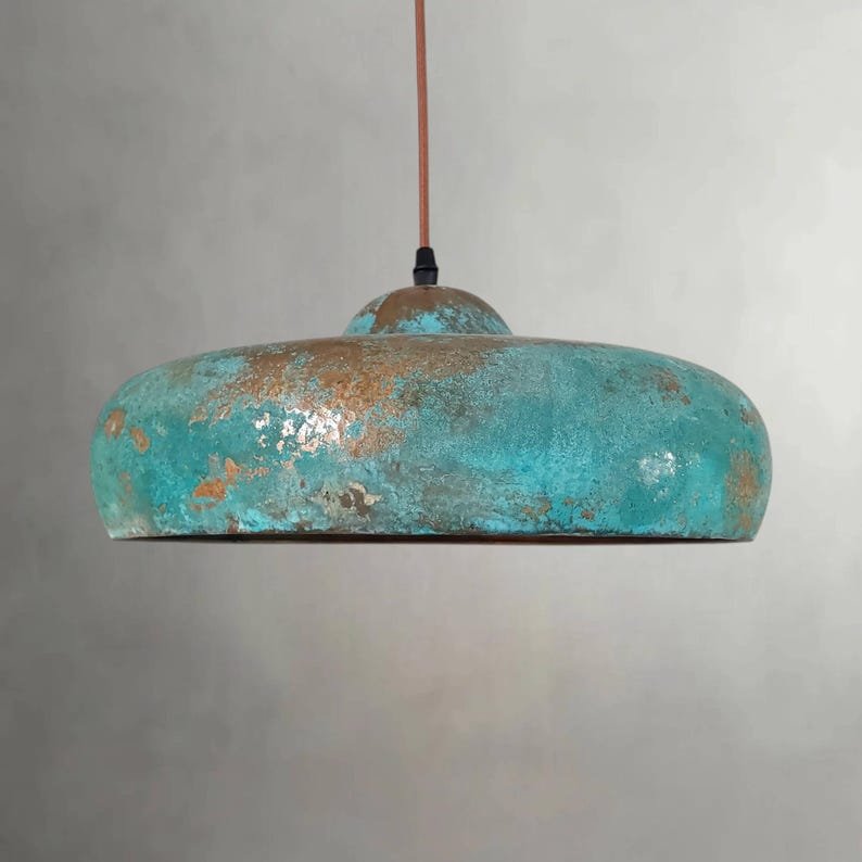 Flat Dome Copper Pendant Light β Oxidized Ceiling Lamp with Green Patina Finish for Decor Flat Dome Copper Pendant Light β Oxidized Ceiling Lamp with Green Patina Finish for Decor