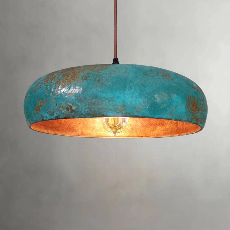 Flat Dome Copper Pendant Light β Oxidized Ceiling Lamp with Green Patina Finish for Decor Flat Dome Copper Pendant Light β Oxidized Ceiling Lamp with Green Patina Finish for Decor
