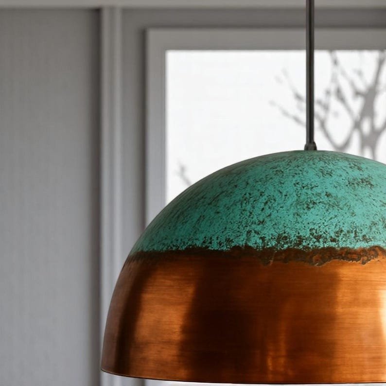 Handmade Oxidized Copper Dome Pendant Light: Green Patina, Rustic Lighting Handmade Oxidized Copper Dome Pendant Light: Green Patina, Rustic Lighting