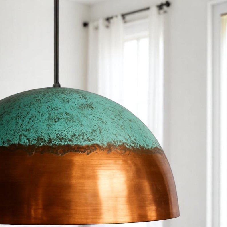Handmade Oxidized Copper Dome Pendant Light: Green Patina, Rustic Lighting Handmade Oxidized Copper Dome Pendant Light: Green Patina, Rustic Lighting