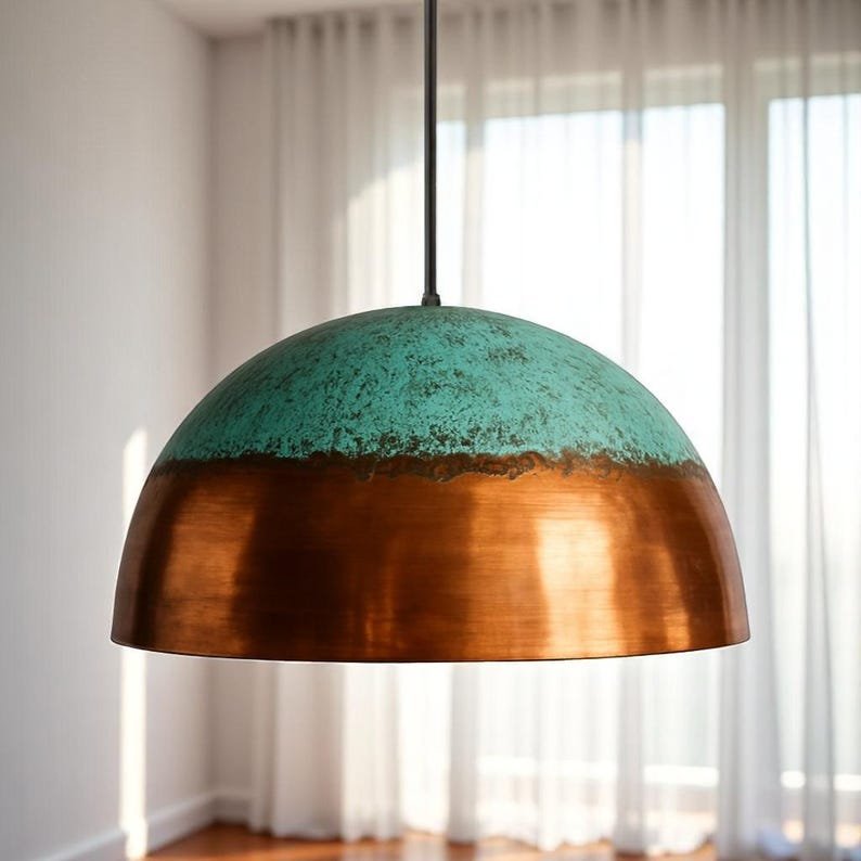 Handmade Oxidized Copper Dome Pendant Light: Green Patina, Rustic Lighting Handmade Oxidized Copper Dome Pendant Light: Green Patina, Rustic Lighting