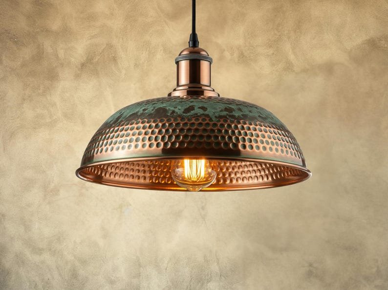 Oxidized Copper Kitchen Island Lighting , Green Patina Pendant Light