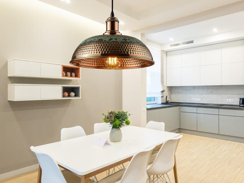 Oxidized Copper Kitchen Island Lighting , Green Patina Pendant Light