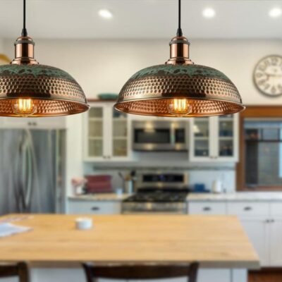 Set of 2 Hammered Copper Green Patina Dome Pendant Lights