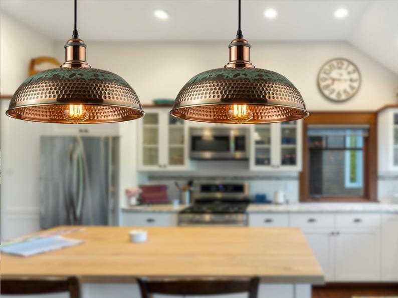 Set of 2 Hammered Copper Green Patina Dome Pendant Lights