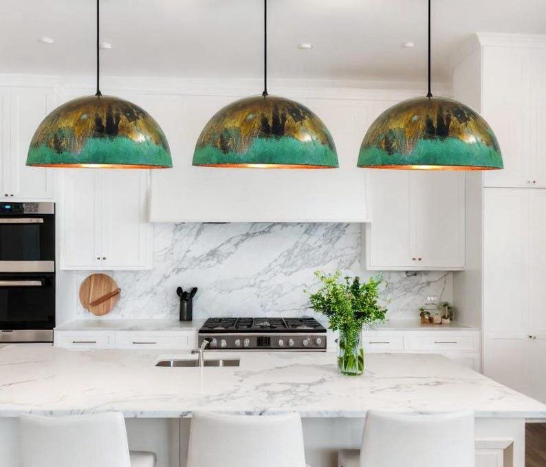 Green Patina Pendant Light , Patina Copper Kitchen Island Lighting