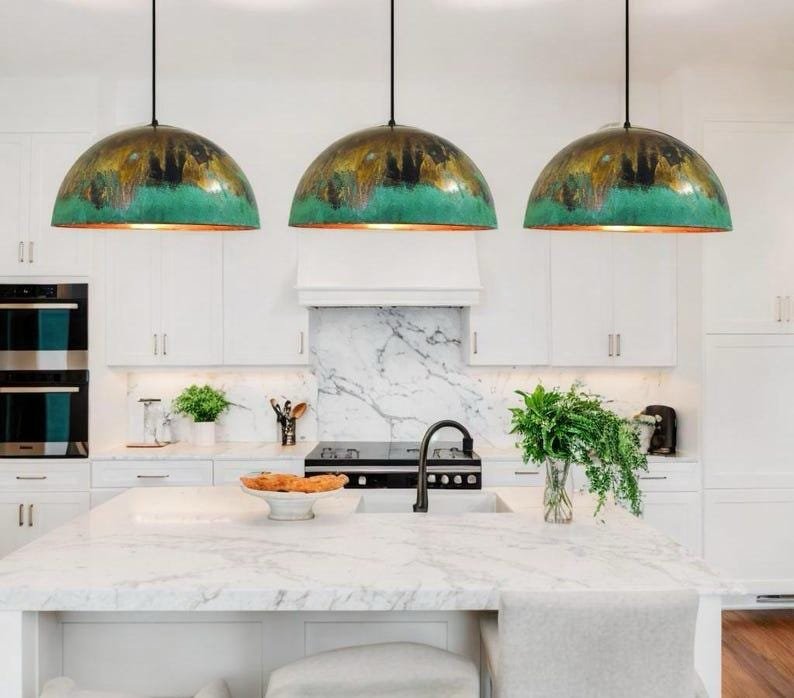 Green Patina Pendant Light , Patina Copper Kitchen Island Lighting