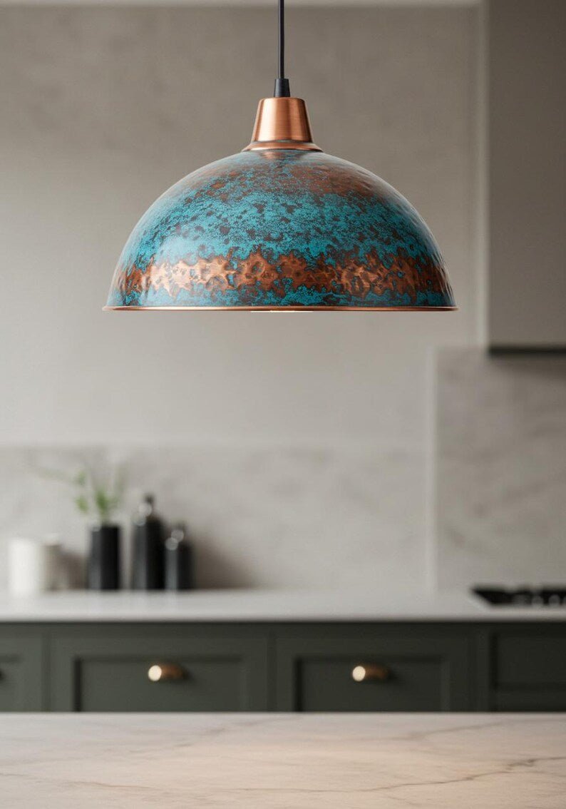 products-PatinaFinish111 Turquoise Patina Copper Dome Pendant Light Handmade Kitchen Island Lamp