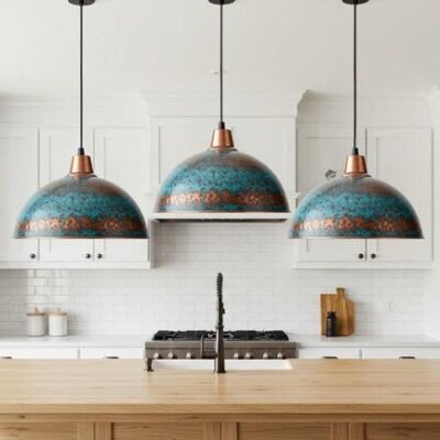 products-PatinaFinish333 Turquoise Patina Copper Dome Pendant Light Handmade Kitchen Island Lamp