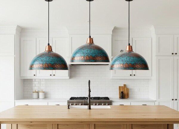 Turquoise Patina Copper Dome Pendant Light Handmade Kitchen Island Lamp
