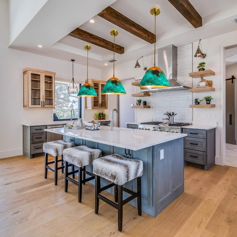 Handmade Sets of Green Patina Copper Pendant Light, Hammered Kitchen Island Light Fixture, Oxidized Dome Ceiling Light, Rustic Pendant Lamp