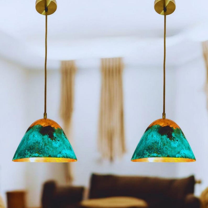 Handmade Sets of Green Patina Copper Pendant Light, Hammered Kitchen Island Light Fixture, Oxidized Dome Ceiling Light, Rustic Pendant Lamp