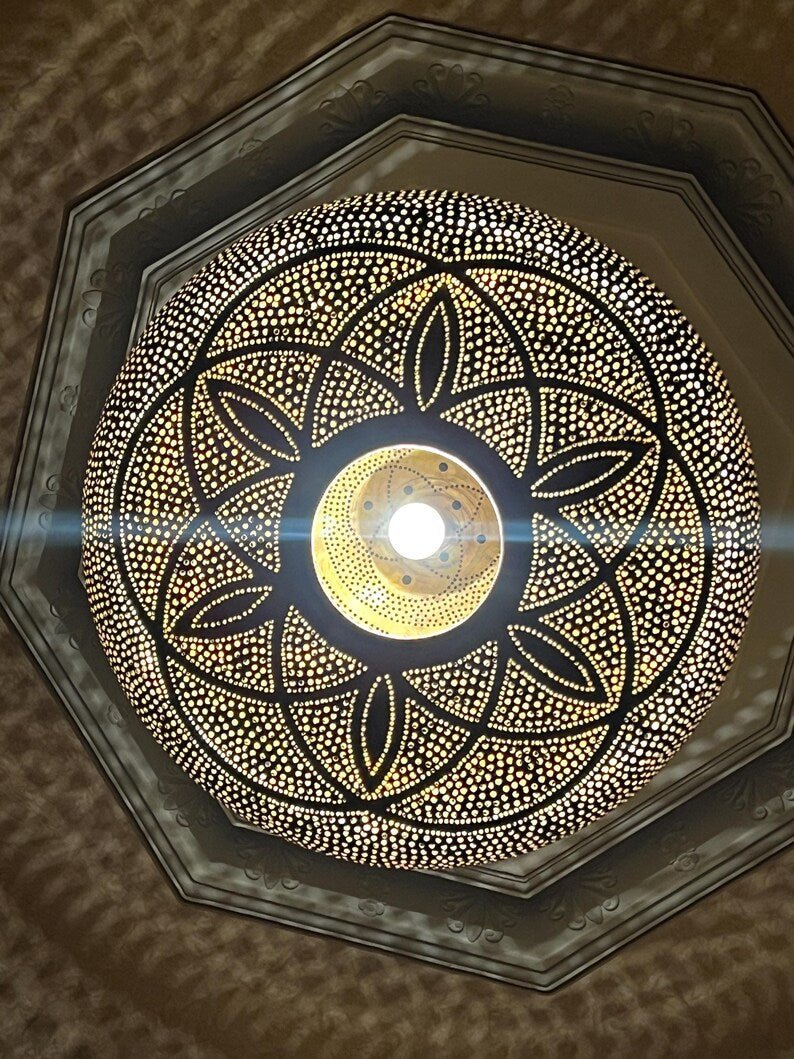 Handcrafted Moroccan Brass Pendant Light - Ornamental Vintage Lamp with Ethnic Bohemian Design, Perfect for Exotic Ambient Lighting Décor