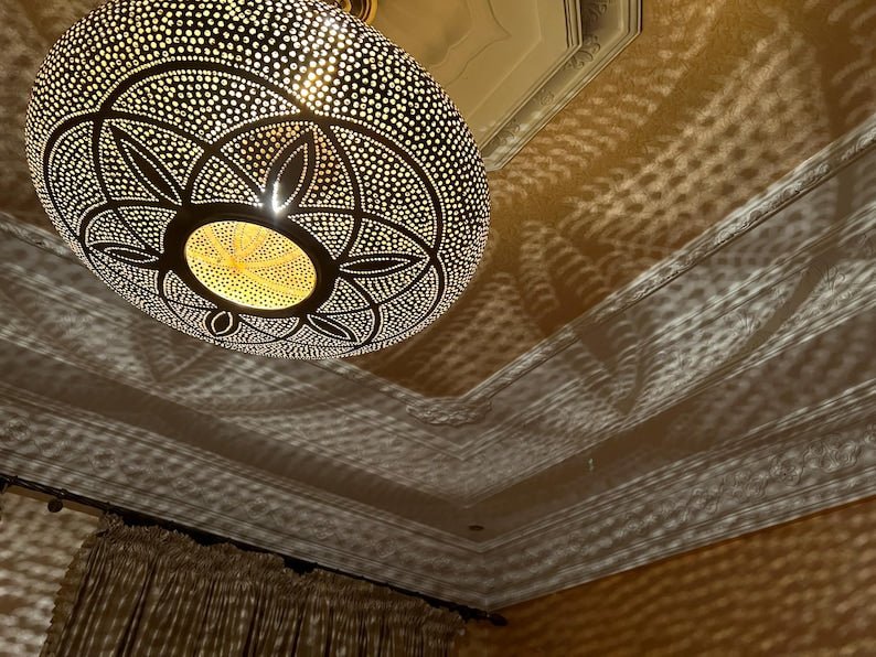 Handcrafted Moroccan Brass Pendant Light - Ornamental Vintage Lamp with Ethnic Bohemian Design, Perfect for Exotic Ambient Lighting Décor