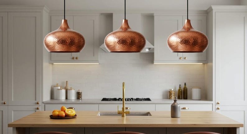 products-PerforatedCeilingLamp8 Set of 3 Hammered Copper Pendant Lights