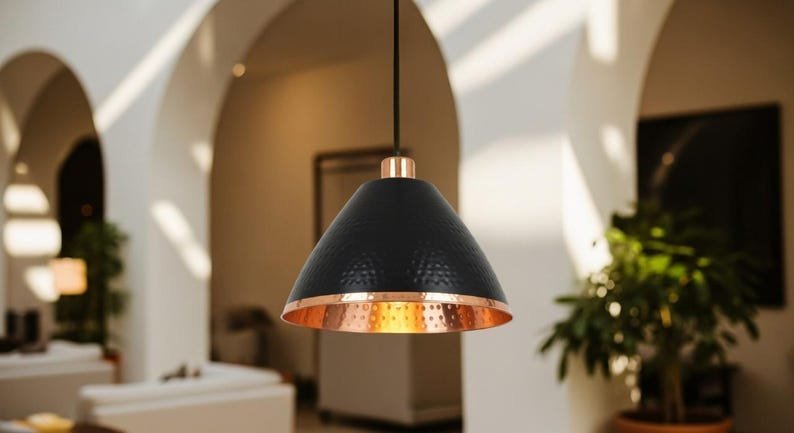 Handmade Black & Copper Cone Pendant Hammered Modern Ceiling Light