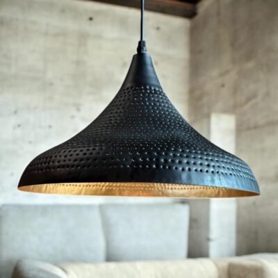 Black Brass Pendant Light – Pierced Dome Ceiling Lamp with Gold Interior