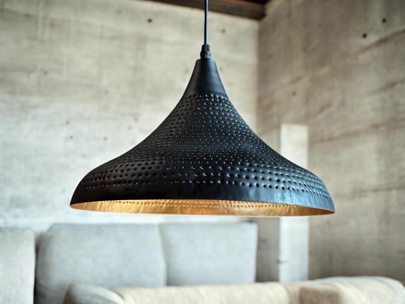 Black Brass Pendant Light – Pierced Dome Ceiling Lamp with Gold Interior