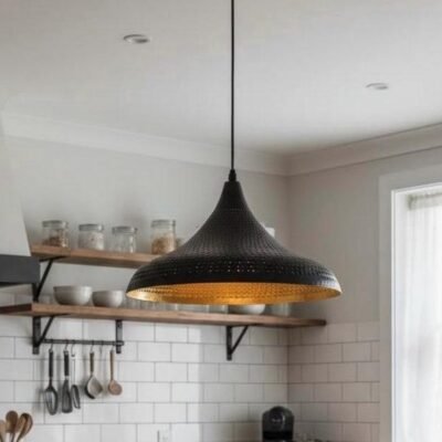 Black Brass Pendant Light – Pierced Dome Ceiling Lamp with Gold Interior