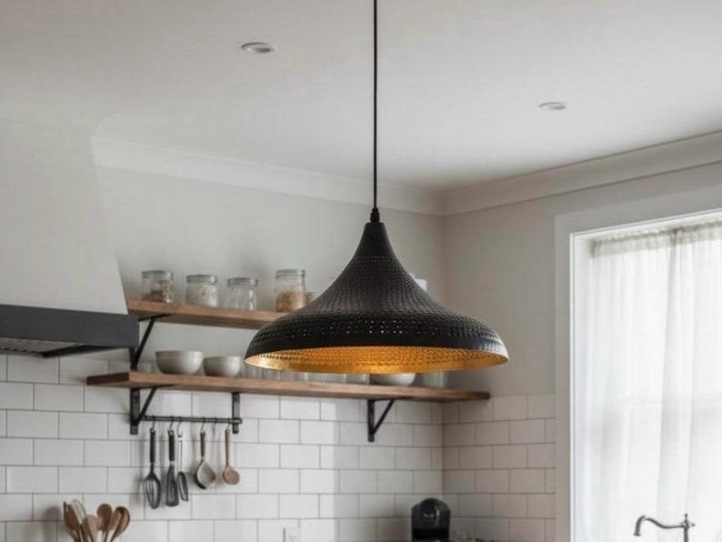Black Brass Pendant Light – Pierced Dome Ceiling Lamp with Gold Interior