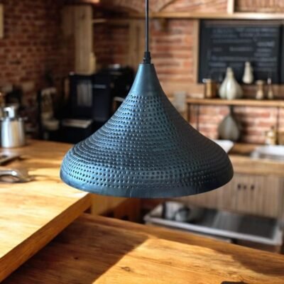 Black Brass Pendant Light – Pierced Dome Ceiling Lamp with Gold Interior