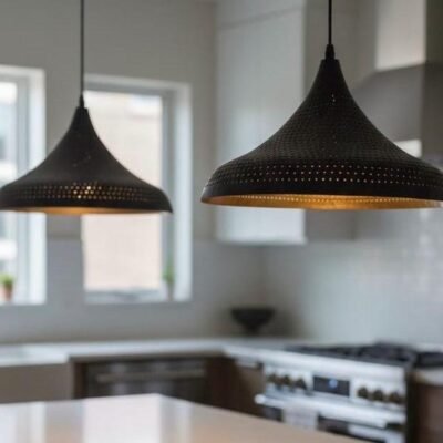 Black Brass Pendant Light – Pierced Dome Ceiling Lamp with Gold Interior