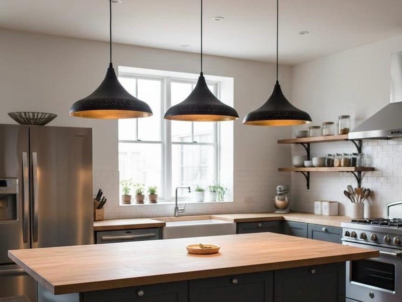 Black Brass Pendant Light – Pierced Dome Ceiling Lamp with Gold Interior