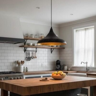 Black Brass Pendant Light – Pierced Dome Ceiling Lamp with Gold Interior