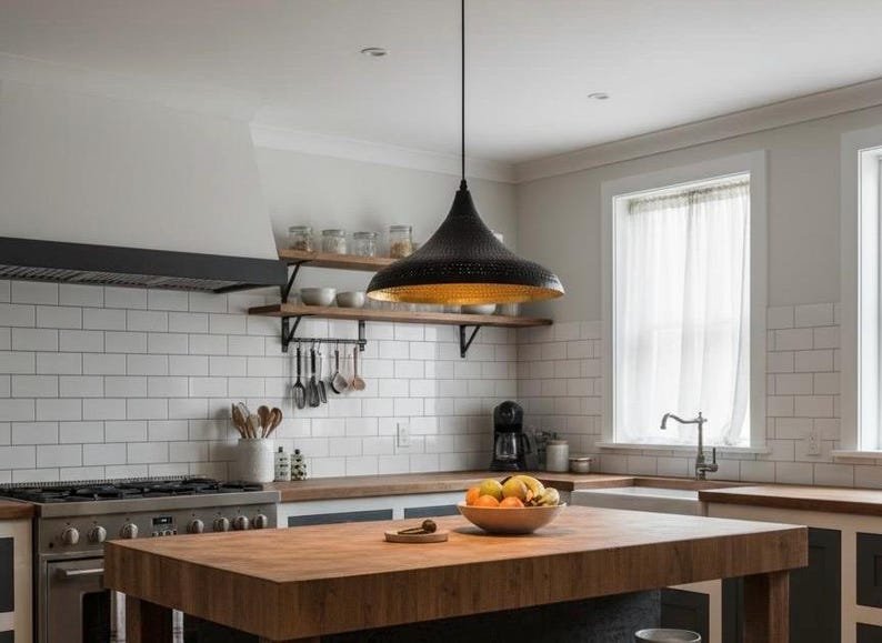 Black Brass Pendant Light – Pierced Dome Ceiling Lamp with Gold Interior