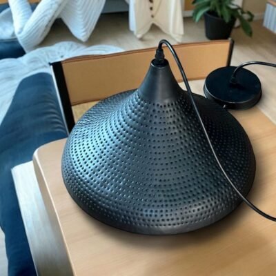 Black Brass Pendant Light – Pierced Dome Ceiling Lamp with Gold Interior