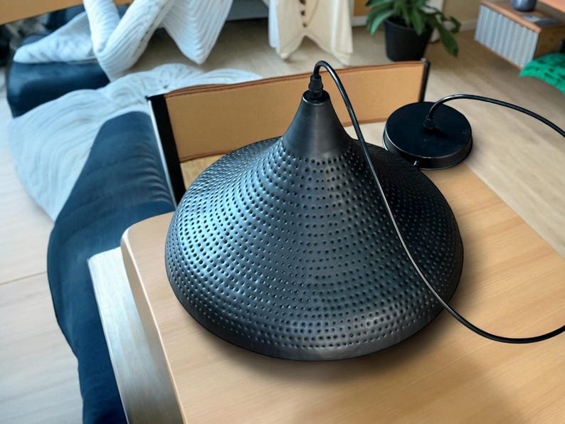 Black Brass Pendant Light – Pierced Dome Ceiling Lamp with Gold Interior