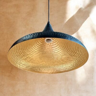 Black Brass Pendant Light – Pierced Dome Ceiling Lamp with Gold Interior