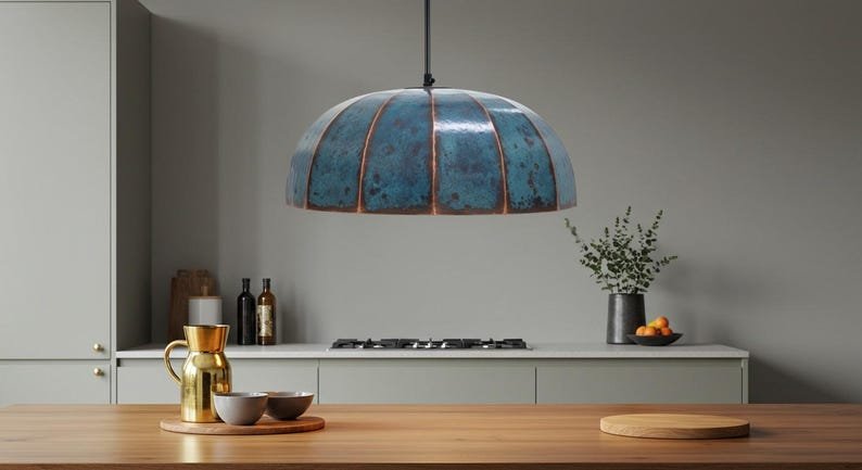 Handmade Copper Dome Pendant Light: Rustic Blue Patina Industrial Lamp