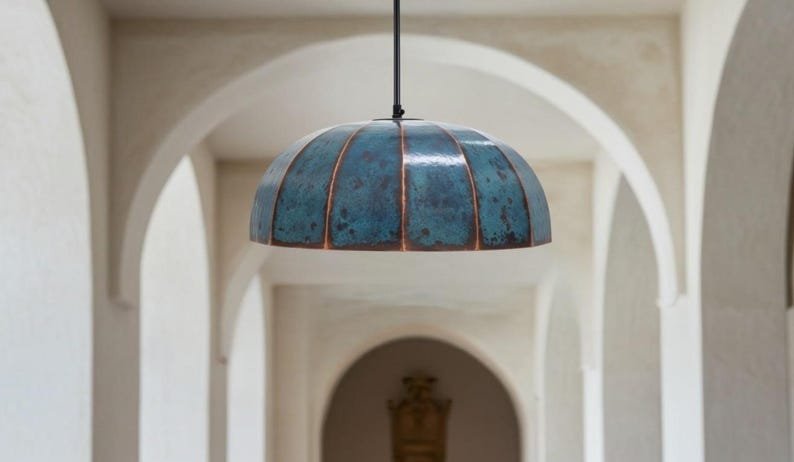 Handmade Copper Dome Pendant Light: Rustic Blue Patina Industrial Lamp