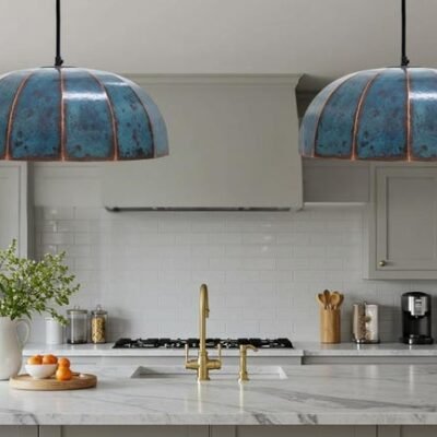 Handmade Copper Dome Pendant Light: Rustic Blue Patina Industrial Lamp