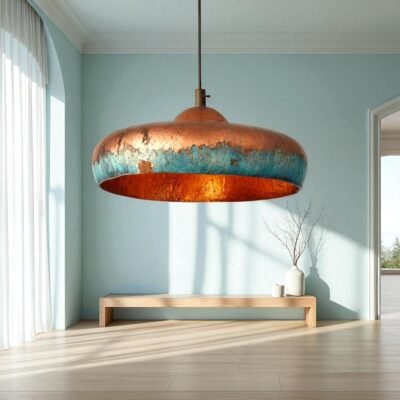 Handmade Blue Patina Copper Dome Pendant Light - Rustic Chandelier