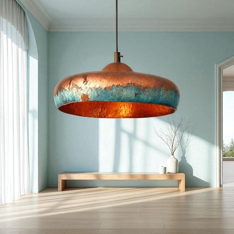 Handmade Blue Patina Copper Dome Pendant Light - Rustic Chandelier