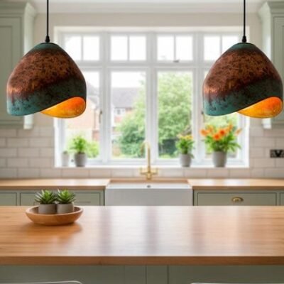products-RusticFarmhouse2 Handmade Organic Green Patina Copper Pendant Sculptural Rustic Ceiling Light