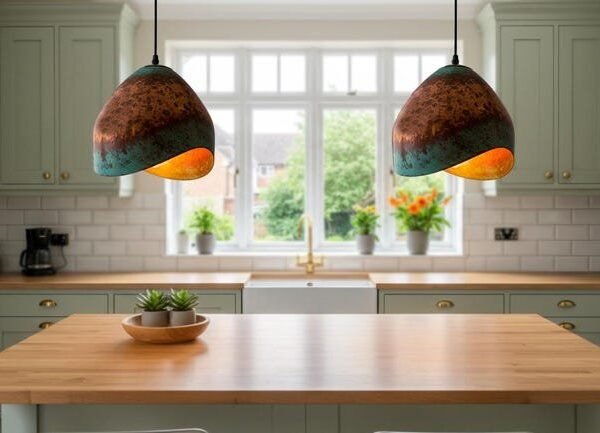 Handmade Organic Green Patina Copper Pendant Sculptural Rustic Ceiling Light