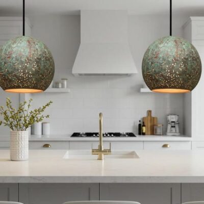 Green Patina Copper Dome Pendant Light: Rustic Farmhouse Lighting