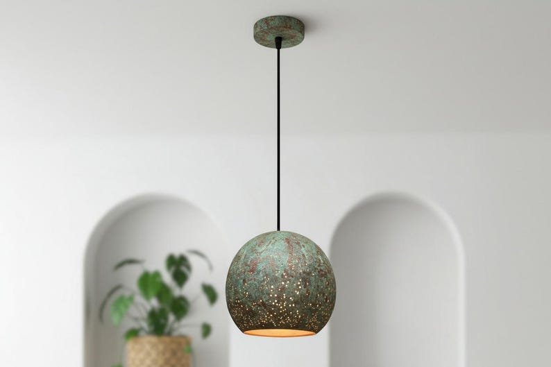 Green Patina Copper Dome Pendant Light: Rustic Farmhouse Lighting