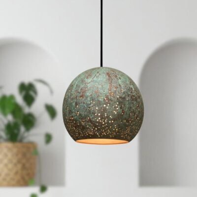 Green Patina Copper Dome Pendant Light: Rustic Farmhouse Lighting